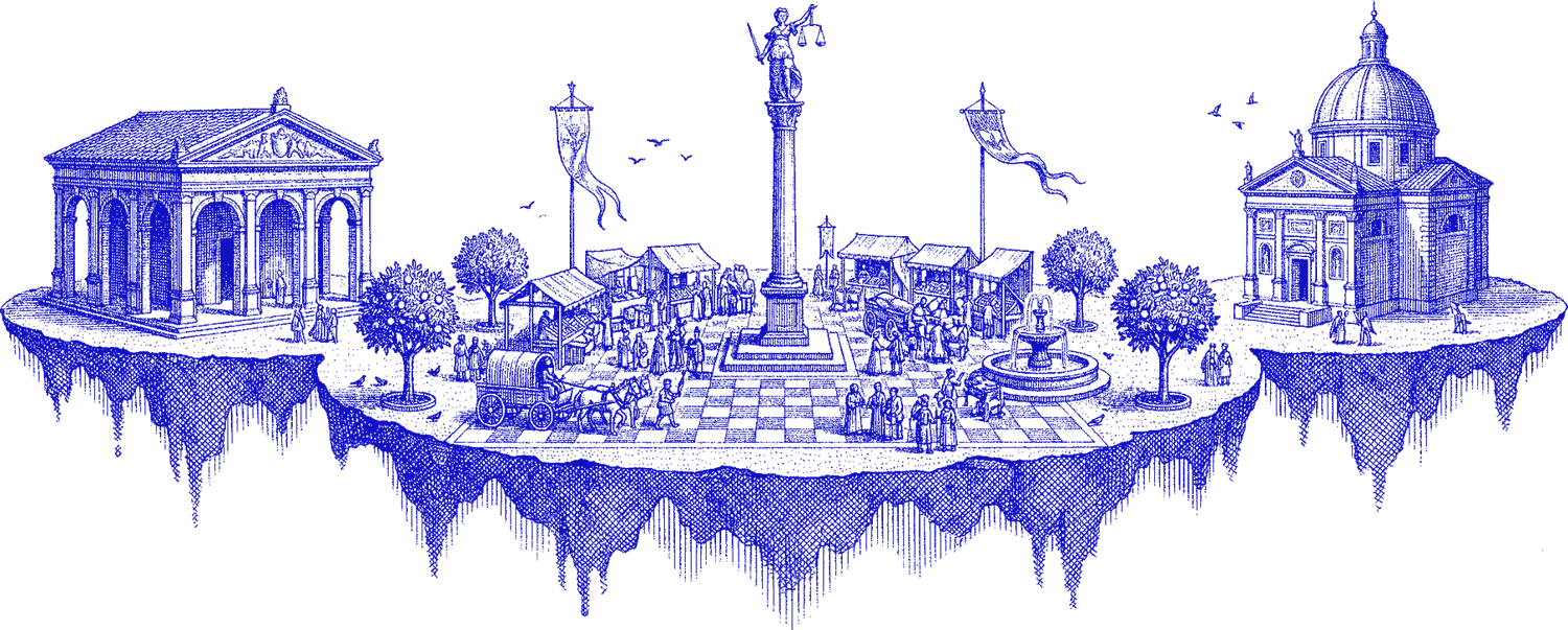 Engraved illustration of a public square on floating islands: an exchange hall, a column with a statue holding balance scales, and a domed guild hall.